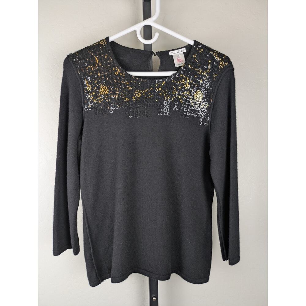 Oscar de la Renta Black Cashmere Silk Blend Sweater with Sequins